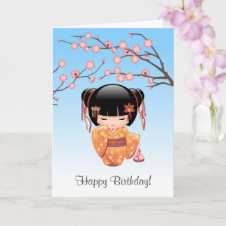 Ume Kokeshi Doll — Japanese Geisha Blue Birthday Card