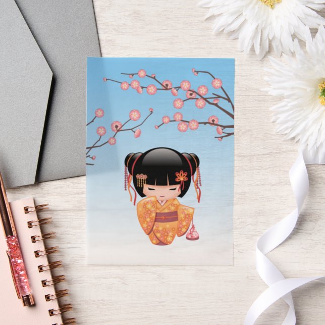 Ume Kokeshi Doll Japanese Geisha Blue Insert Vellum Invitations (Wedding)