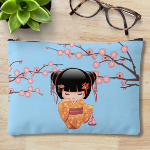 Ume Kokeshi Doll - Japanese Geisha Girl Blue Accessory Pouch