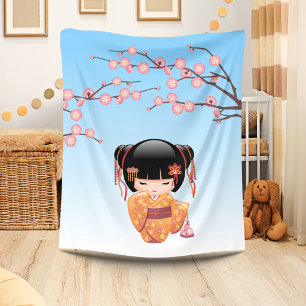 Ume Kokeshi Doll - Japanese Geisha Girl Blue Fleece Blanket