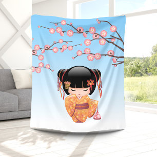 Ume Kokeshi Doll - Japanese Geisha Girl Blue Fleece Blanket