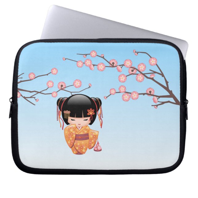 Ume Kokeshi Doll - Japanese Geisha Girl Blue Laptop Sleeve (Front)