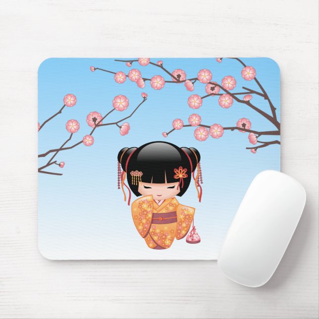 Ume Kokeshi Doll - Japanese Geisha Girl Blue Mouse Pad (With Mouse)