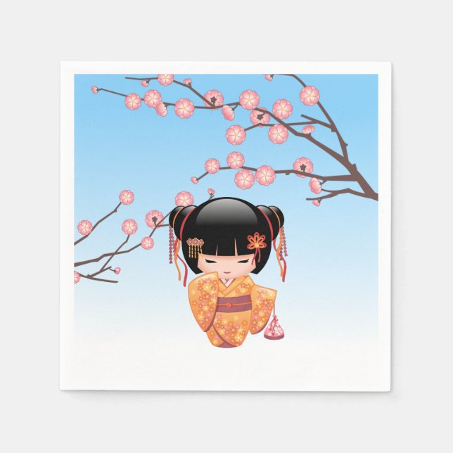 Ume Kokeshi Doll - Japanese Geisha Girl Blue Napkin (Front)