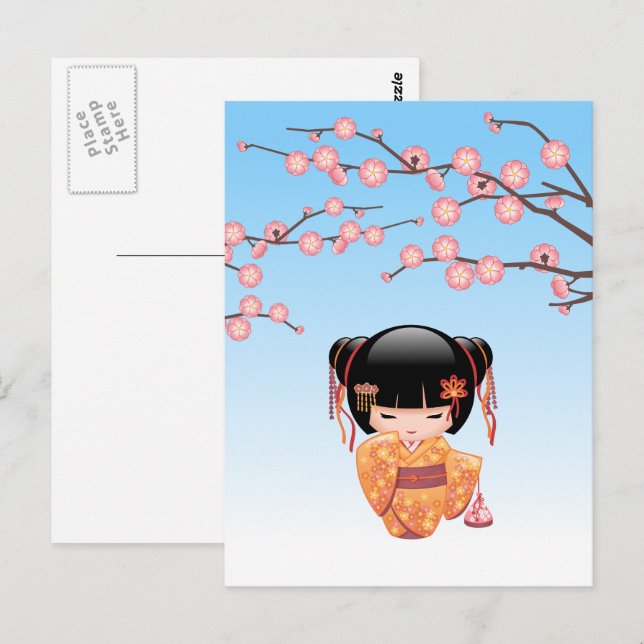 Ume Kokeshi Doll - Japanese Geisha Girl Blue Postcard (Front/Back)