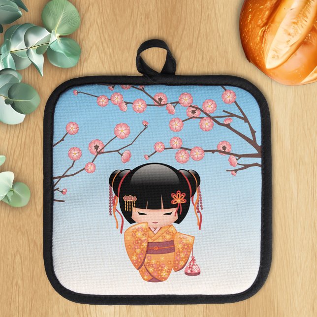 Ume Kokeshi Doll - Japanese Geisha Girl Blue Pot Holder (Creator Uploaded)