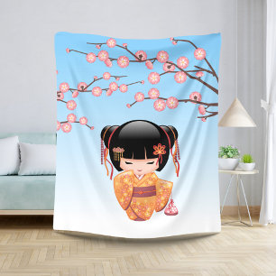 Ume Kokeshi Doll - Japanese Geisha Girl Blue Sherpa Blanket
