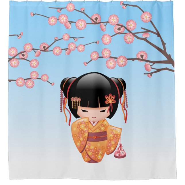 Ume Kokeshi Doll Japanese Geisha Girl Blue Shower Curtain (Front)