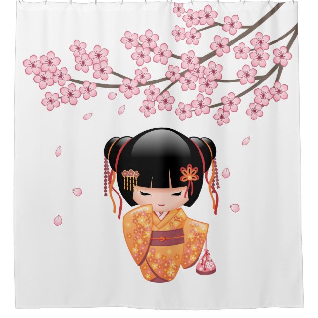 Ume Kokeshi Doll Japanese Geisha Girl Shower Curtain (Front)