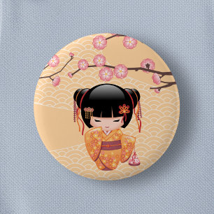 Ume Kokeshi Doll - Japanese Peach Geisha Girl 6 Cm Round Badge