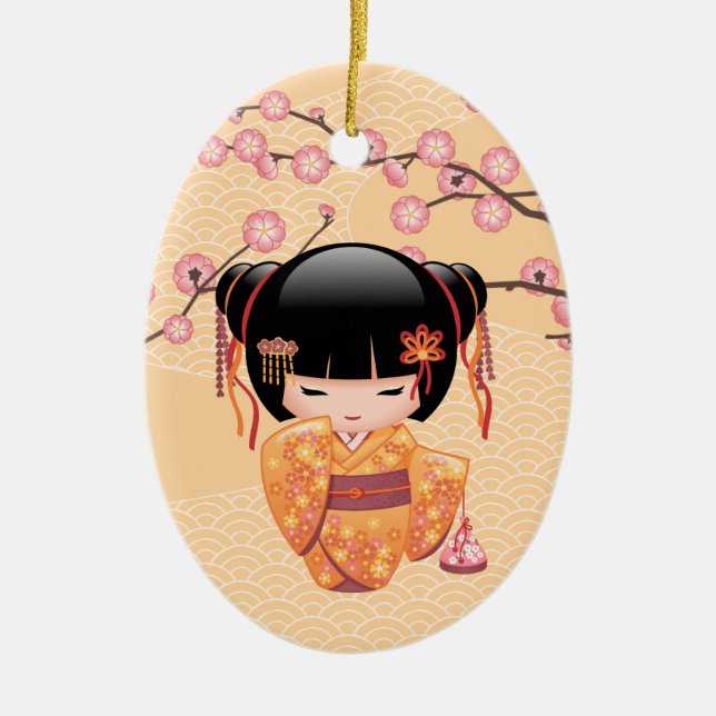 Ume Kokeshi Doll - Japanese Peach Geisha Girl Ceramic Tree Decoration (Front)