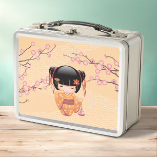 Ume Kokeshi Doll - Japanese Peach Geisha Girl Metal Lunch Box