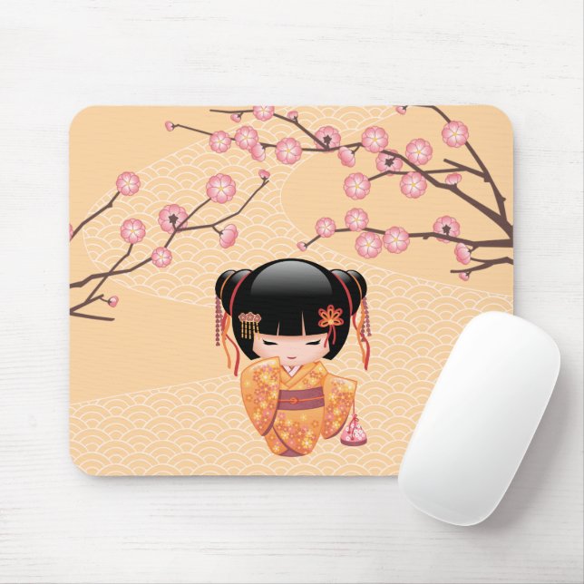 Ume Kokeshi Doll - Japanese Peach Geisha Girl Mouse Pad (With Mouse)