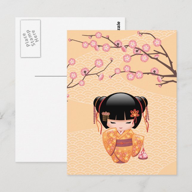 Ume Kokeshi Doll - Japanese Peach Geisha Girl Postcard (Front/Back)
