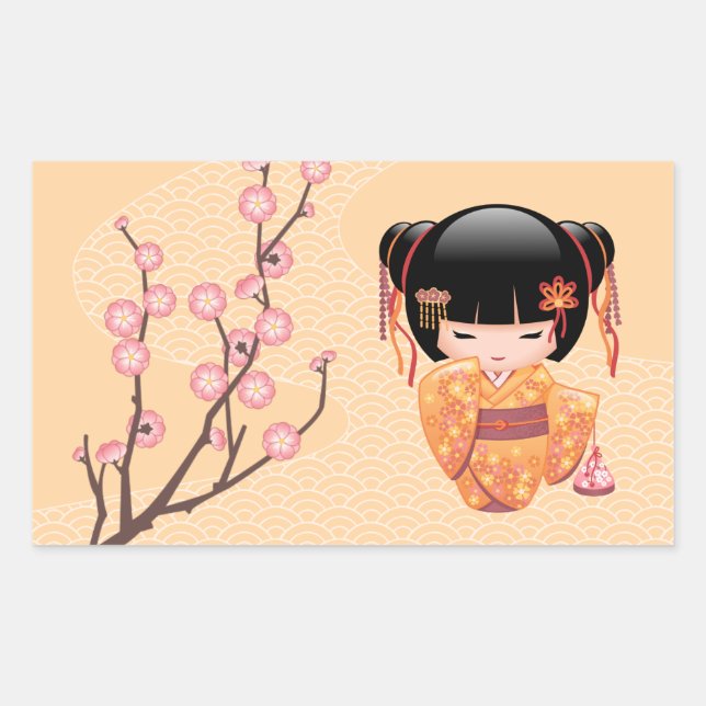 Ume Kokeshi Doll - Japanese Peach Geisha Girl Rectangular Sticker (Front)