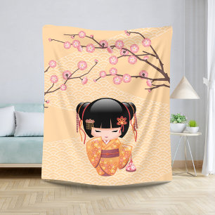 Ume Kokeshi Doll - Japanese Peach Geisha Girl Sherpa Blanket