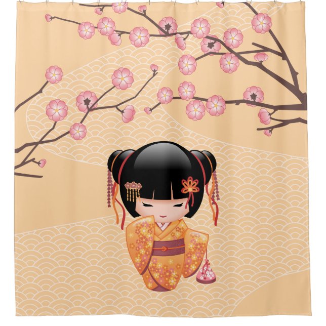 Ume Kokeshi Doll Japanese Peach Geisha Girl Yellow Shower Curtain (Front)
