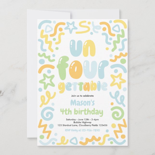 Un-Four-Gettable Confetti Balloon 4th Birthday  Invitation (Front)