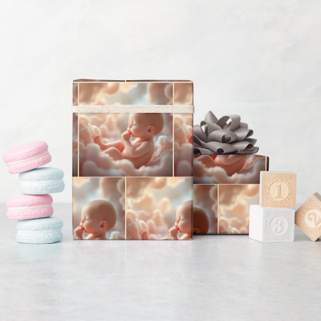 Unborn Baby In Pink Clouds Wrapping Paper (Baby Shower)