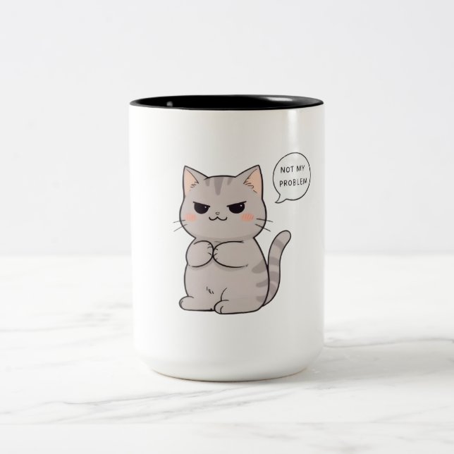 Unbothered Cat "Not My Problem" Funny Design Two-Tone Coffee Mug (Center)