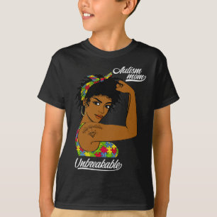 Unbreakable Autism Mum Messy Bun Autism Awareness T-Shirt