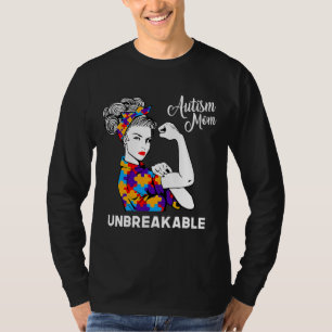 Unbreakable Autism Mum Messy Bun Autism Awareness T-Shirt