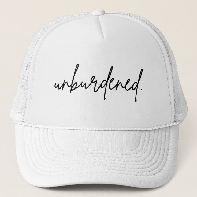 UNBURDENED BLACK SCRIPT TRUCKER HAT (Front)