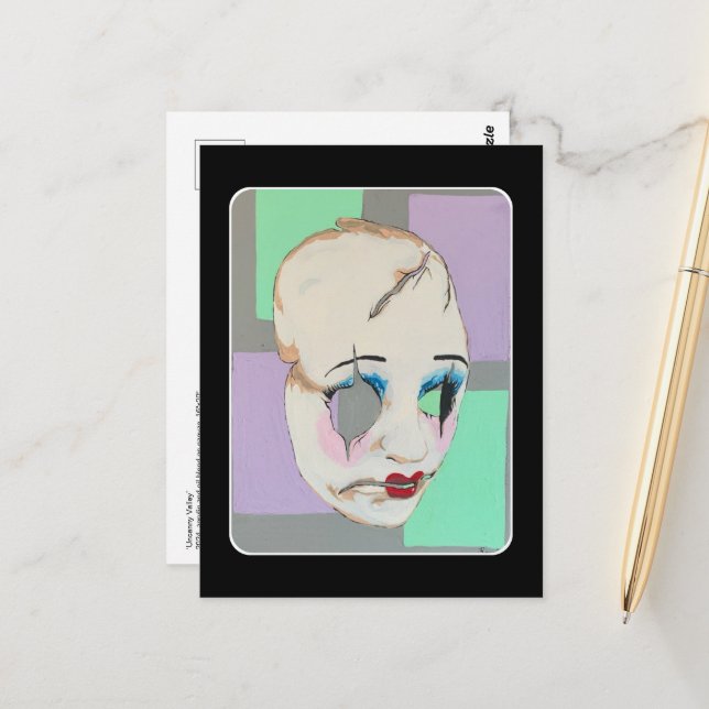 'Uncanny Valley' Painting on a  Postcard (Front/Back In Situ)