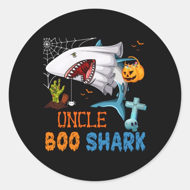 Uncle Boo Shark Halloween Shark Ghost With Pumpkin Classic Round Sticker (Front)