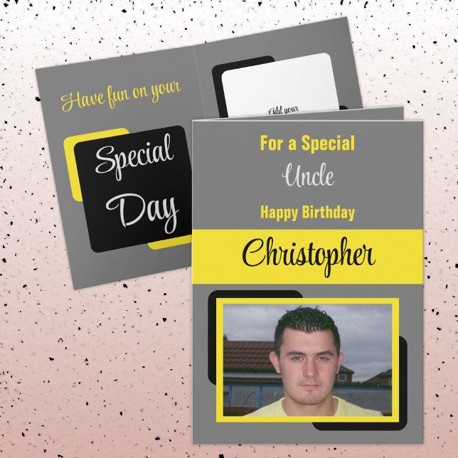 Uncle name photo grey yellow birthday card (Creator Uploaded)