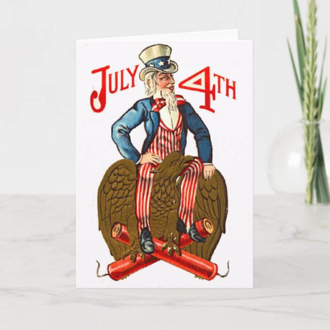 Uncle Sam Firecrackers July 4th Patriotic Vintage Card (Front)