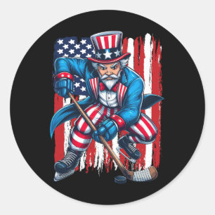 Uncle Sam Hockey Player 4th Of July American Flag Classic Round Sticker