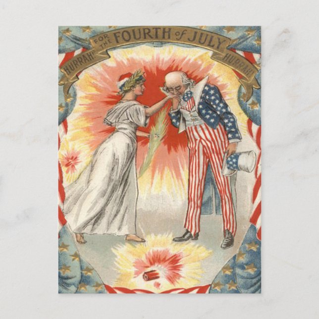 Uncle Sam Lady Liberty US Flag Fireworks Postcard (Front)