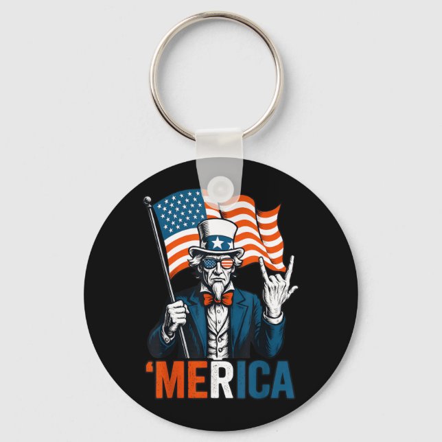 Uncle Sam Merica Rock Funny 4th of July American Key Ring (Front)