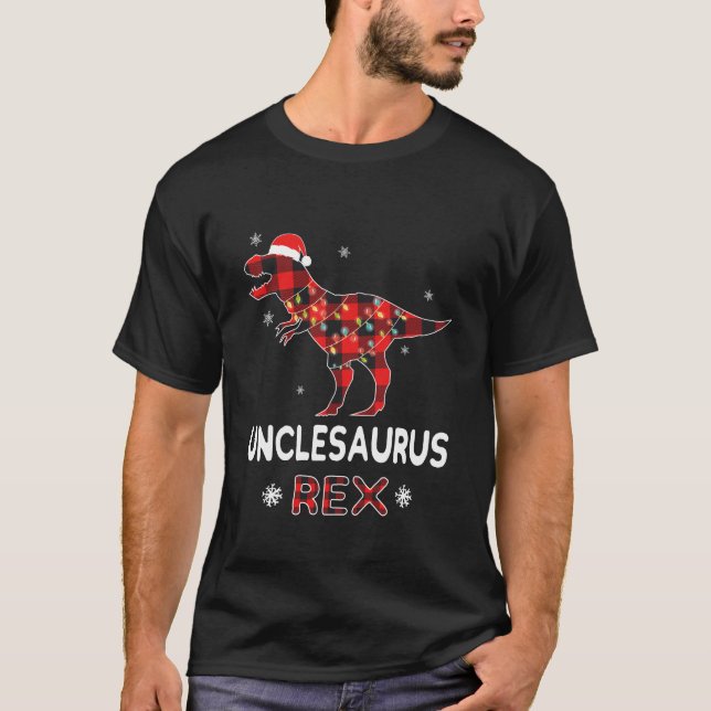 Uncle T-Rex Red Plaid Buffalo Christmas Dinosaur T-Shirt (Front)