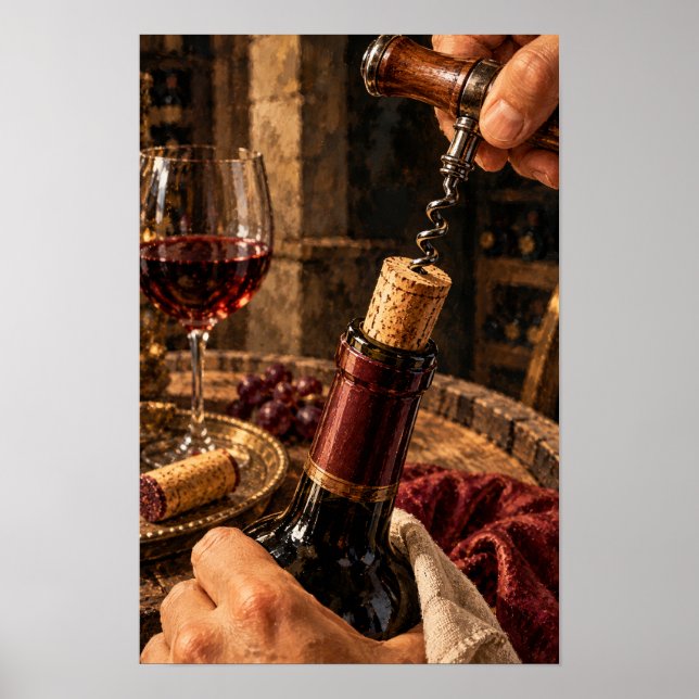 Uncorking a Red Wine Bottle – Rustic Wine Still Li Poster (Front)