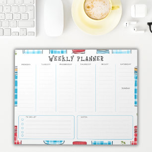 Undated Vertical Weekly Planner, Blue and Red Notepad