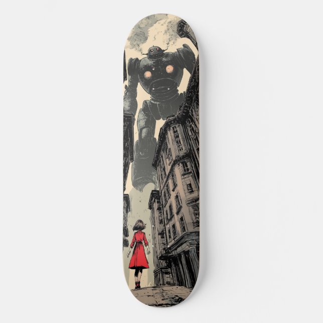 "Undaunted" comic book girl facing giant robot Skateboard (Front)