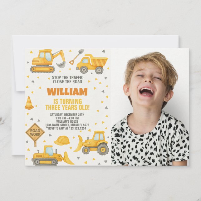 Under Construction Birthday Invitation with photo (Front)