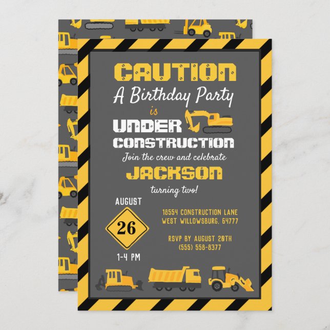 Under Construction Birthday Party Grey Invitation (Front/Back)