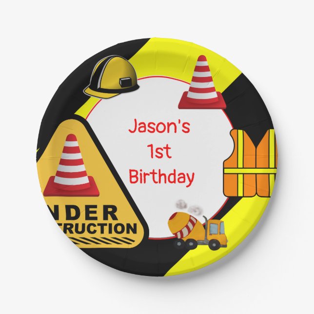 Under construction Concrete mixer Birthday party Paper Plate (Front)