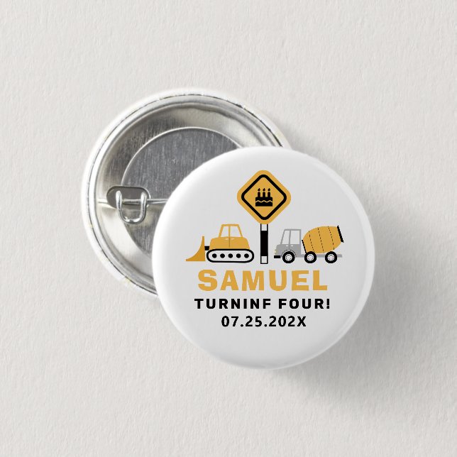 Under construction theme boys' birthday invitation 3 cm round badge (Front & Back)