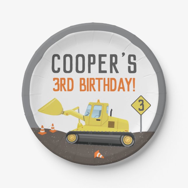 Under Construction Tractor Birthday Any Age Paper Plate (Front)