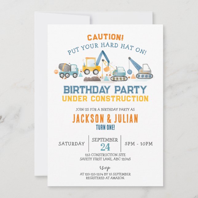 Under Construction Twin Boys Birthday, Trucks Invitation (Front)