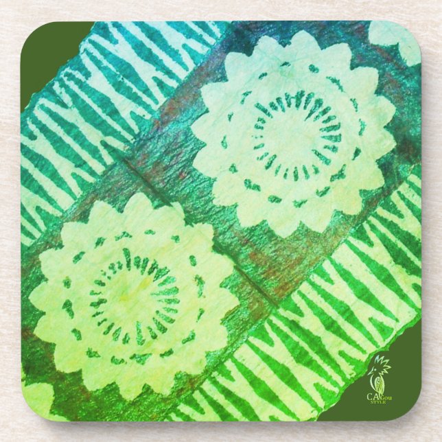 Under hard plastic glass. Green TAPA Coaster (Front)