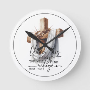 Under His Wings Scripture Art – Psalm 91:4 Round Clock