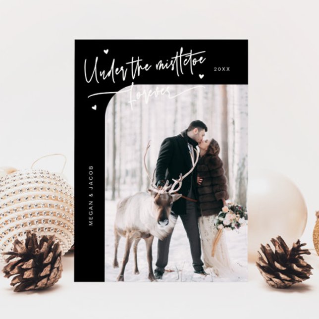 Under Mistletoe Forever Newlywed Photo Black Holiday Card (Creator Uploaded)