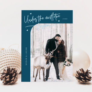 Under Mistletoe Forever Newlywed Photo Teal Holiday Card