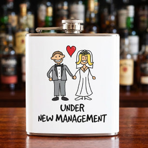 Under New Management Cartoon Bride Groom Hip Flask