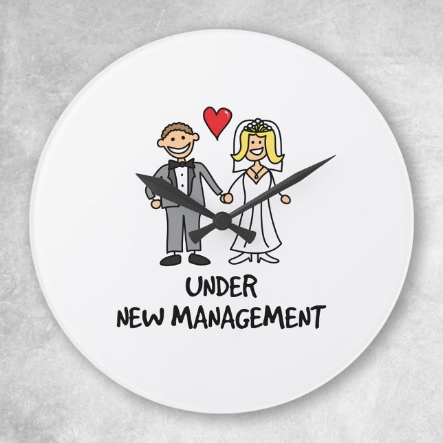 Under New Management Cartoon Bride Groom Round Clock (Creator Uploaded)